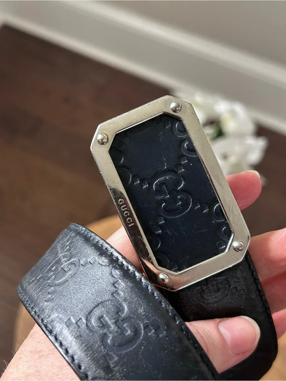 Gucci Black Leather Belt Strap with Embossed Logo Stamping